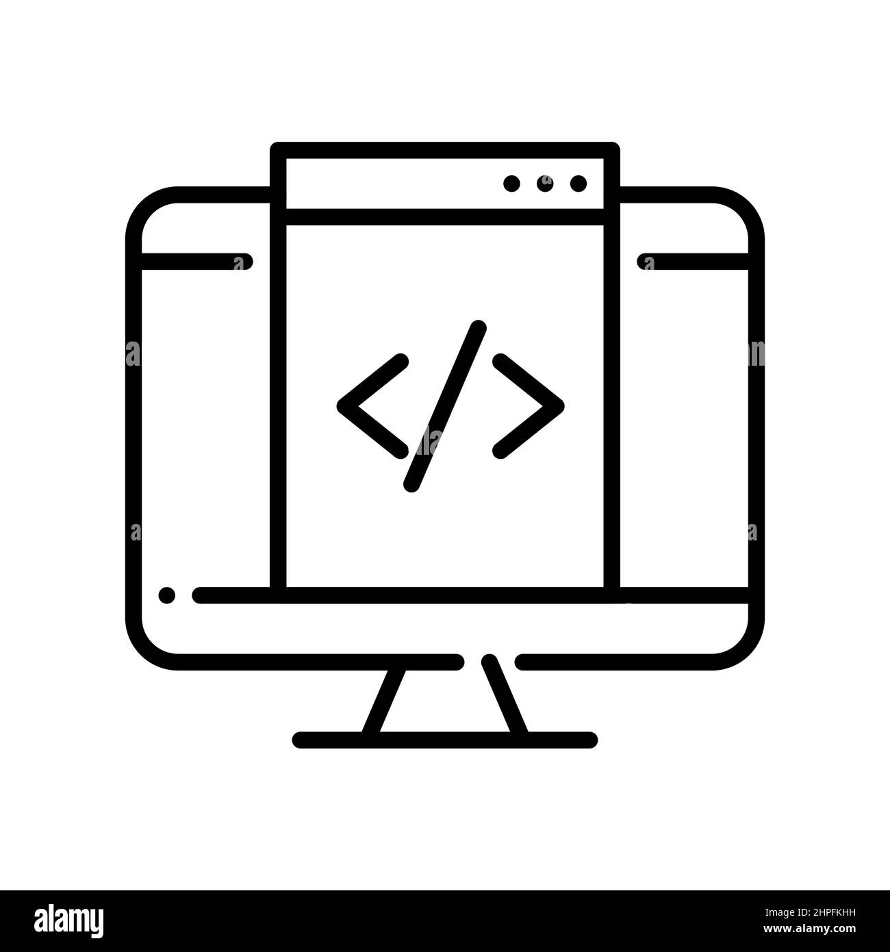 HTML-Webseiten-Codierung auf dem Computermonitor. Pixel Perfect, bearbeitbares Kontursymbol Stock Vektor
