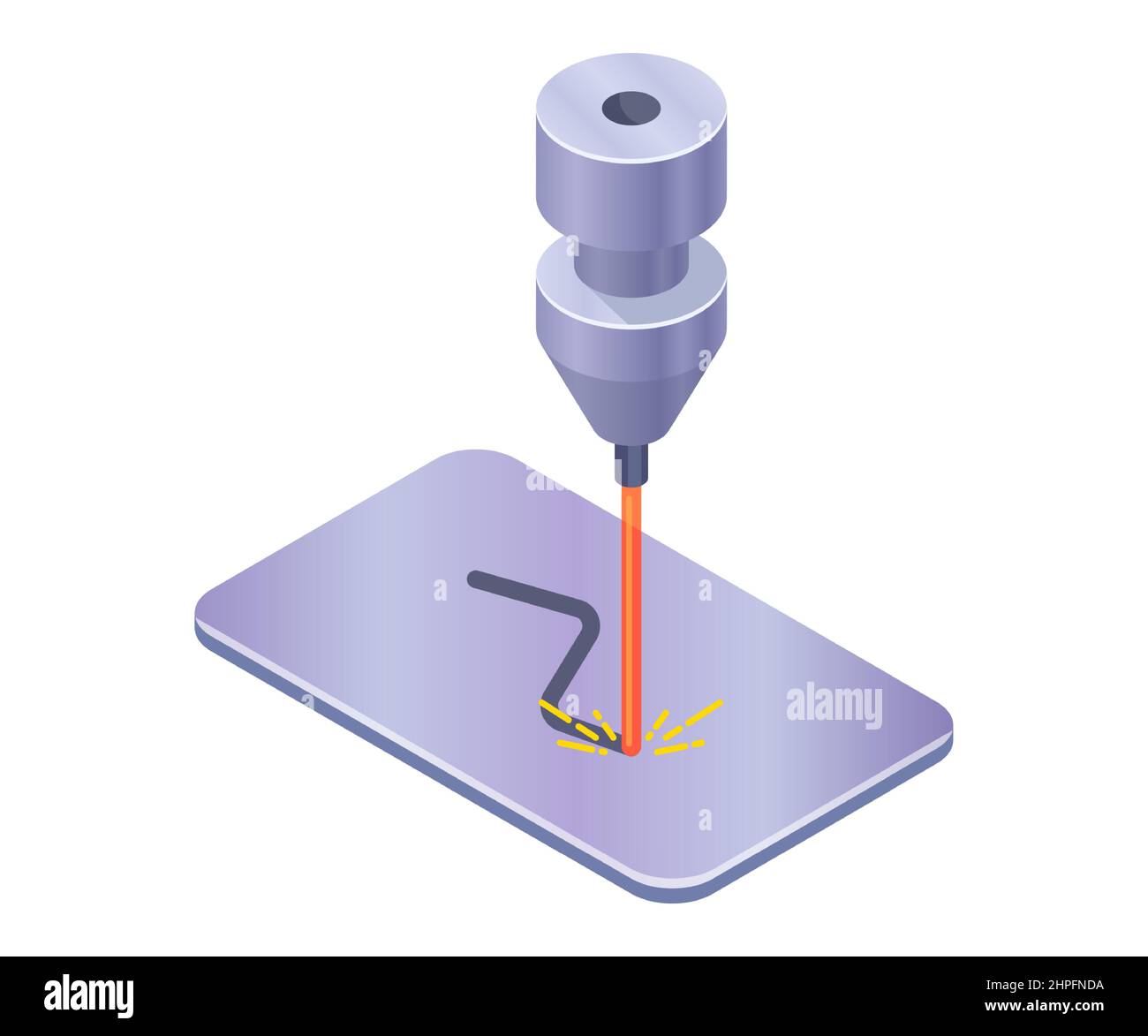 Der Laser schneidet ein Muster auf dem Metall. Laserschneiden für Eisen. Flache Vektordarstellung. Stock Vektor