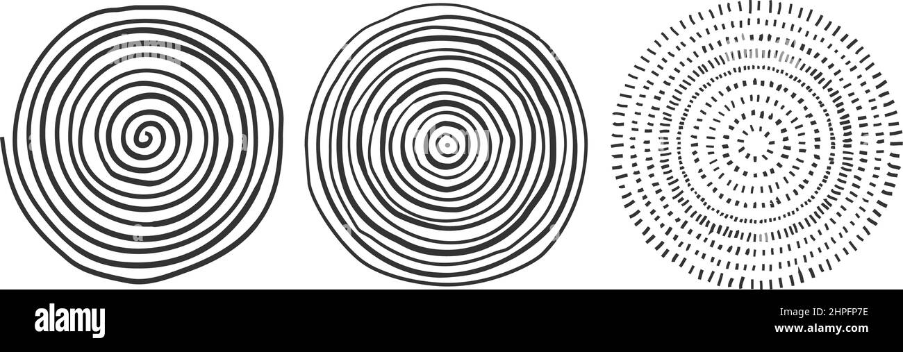 Handgezeichnete kreisförmige Grafikelemente mit variabler Kontur isoliert auf weißem Hintergrund, Vektordarstellung Stock Vektor