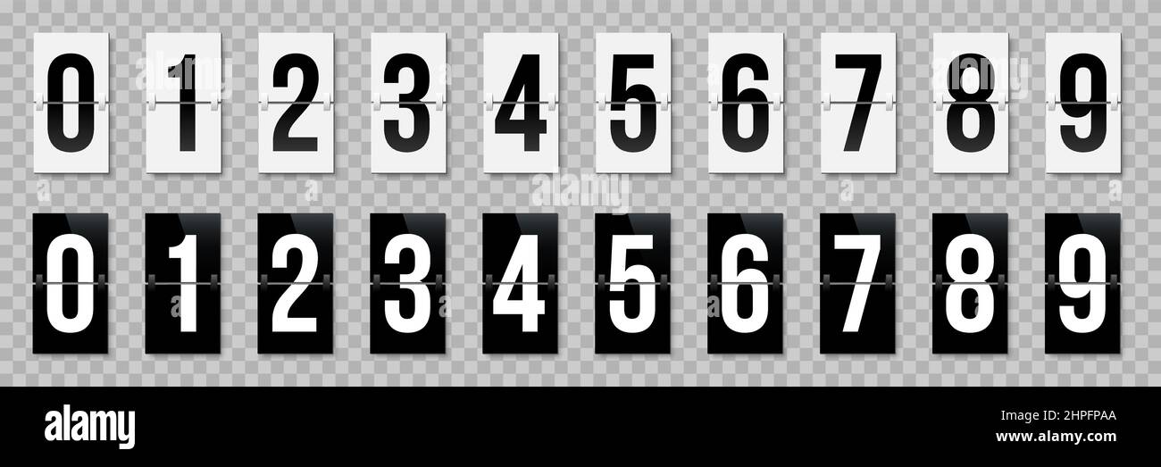Vektorgrafik für Zahlen im Flipboard-Stil. Flughafenterminal, Ankunftsbrett mit Nummernvorlage. Realistische Flip-Anzeigetafel, analoger Zeitplan oder CO Stock Vektor