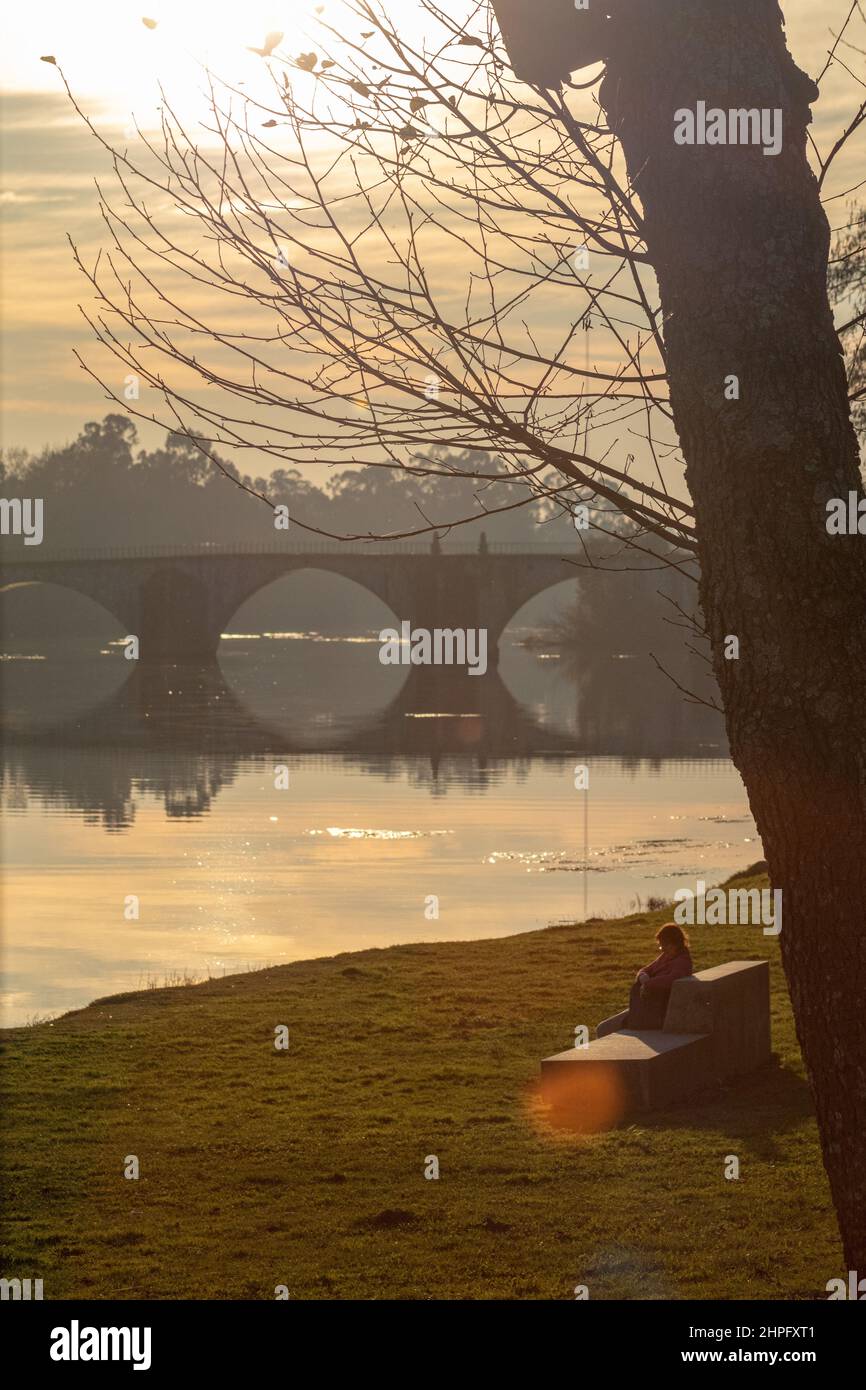 Frau beim Lesen am Fluss und an der Brücke bei Sonnenuntergang Stockfoto