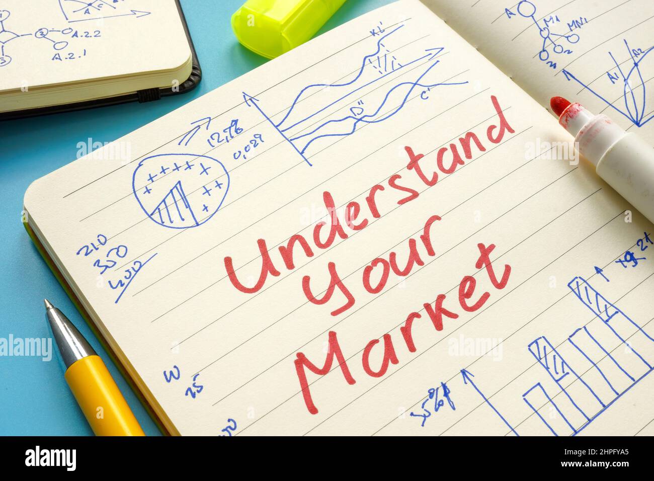 Verstehen Sie Ihre Markteinschreibung und Marketing-Charts und Recherchen auf der Seite. Stockfoto