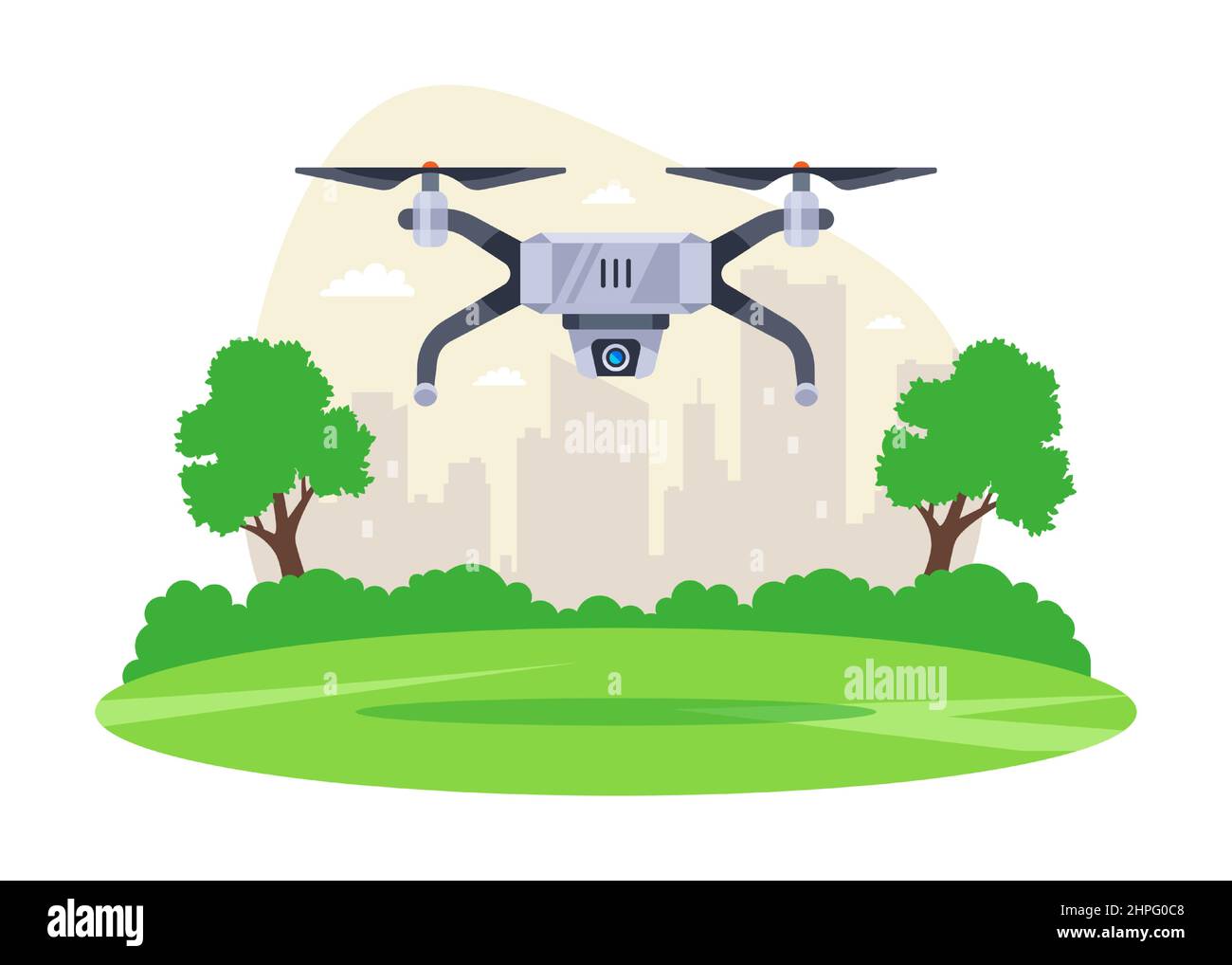 Drohne hebt von einem grünen Feld ab. Fliegen Sie über den Boden. Flache Vektordarstellung. Stock Vektor