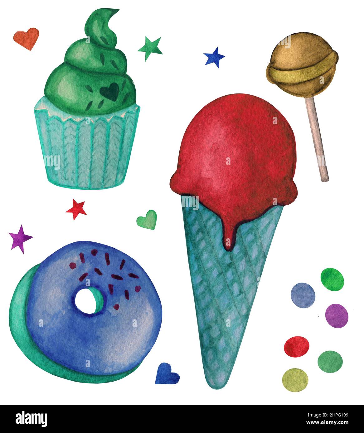 Clipart - Lollipop Eis Cupcake Kerze Stern. Aquarell Lebensmittel Illustration isoliert auf weiß. Design für Grußkarte, Stoff, Textil, Tapete, Menü, Verpackung, Druck, Verpackung, Babyzimmer. Stockfoto