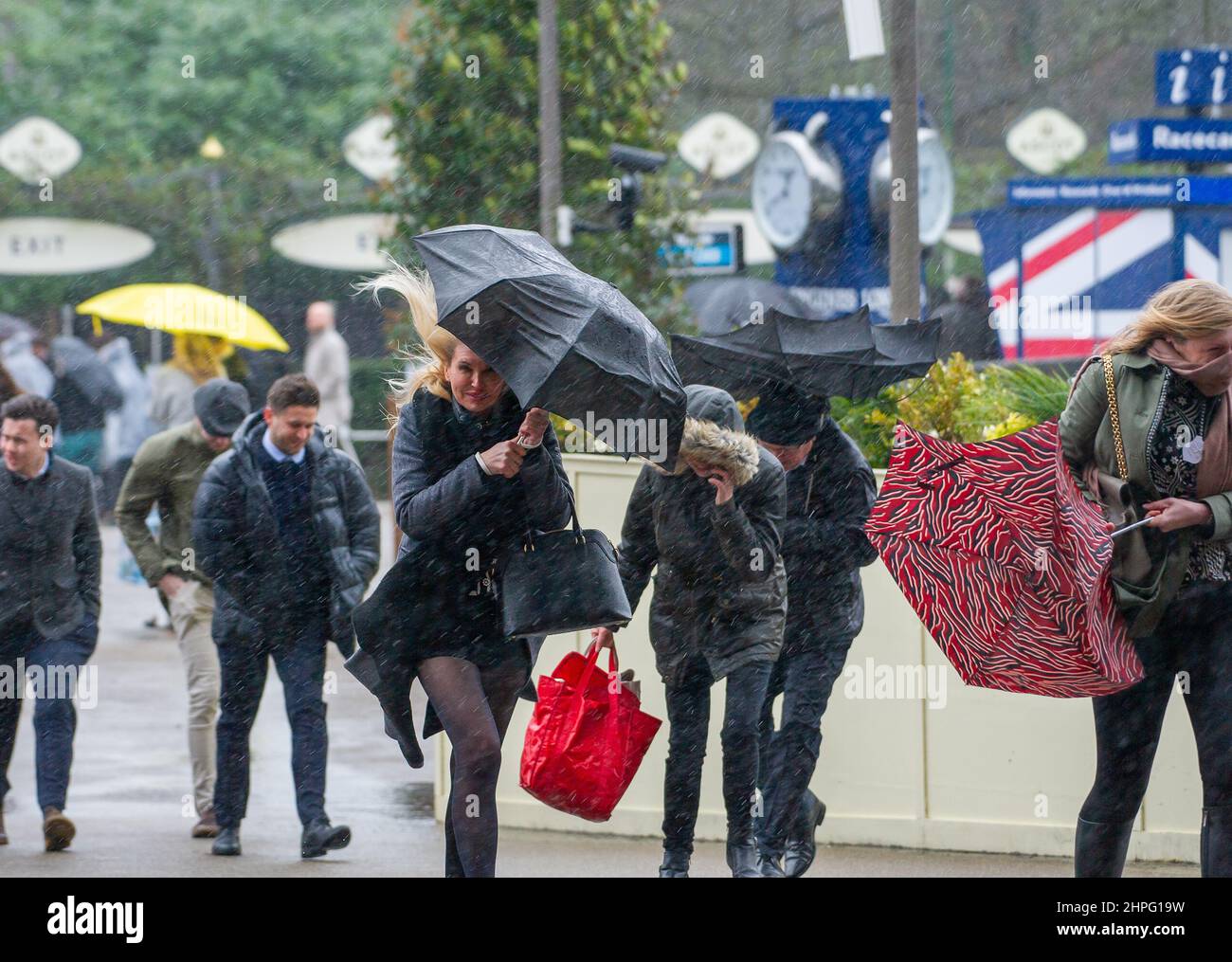 Ascot, Bergen, Großbritannien. 19th. Februar 2022. Racegoers, die am Betfair Ascot Chase Raceday teilnehmen, hatten heute nach dem Sturm Eunice bei starkem Wind und starkem Regen Probleme, ihre Regenschirme zu halten. Quelle: Maureen McLean/Alamy Stockfoto