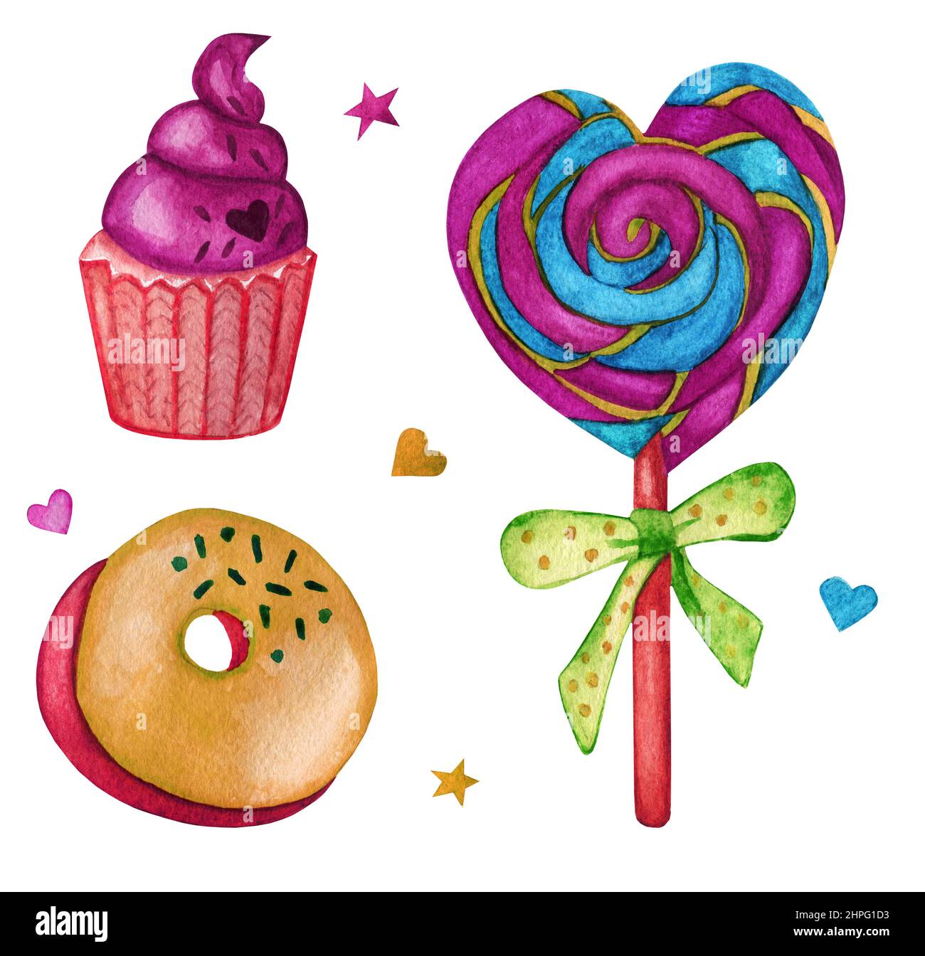 Clipart - Eis Cupcake Herz Stern. Bunte Aquarell Lebensmittel Illustration isoliert auf weiß. Design für Grußkarte, Stoff, Textil, Tapete, Menü, Verpackung, Druck, Verpackung, Babyzimmer. Stockfoto