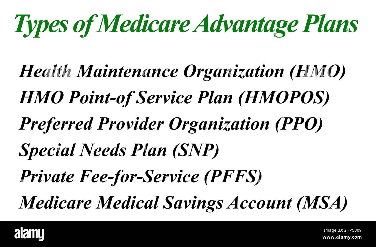 Arten von Medicare Advantage-Plänen Stockfoto