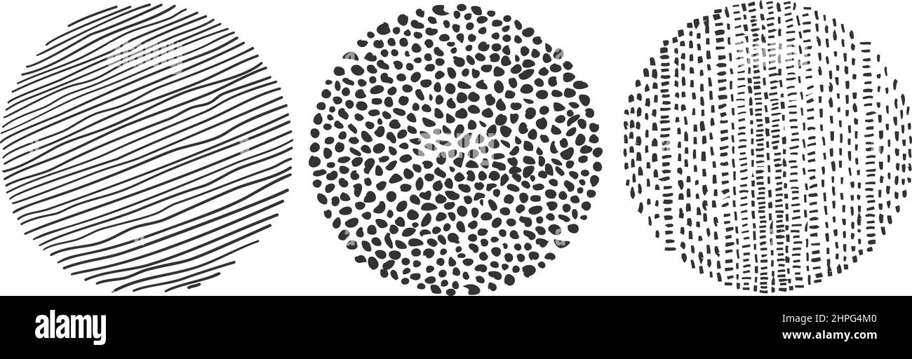 Handgezeichnete kreisförmige Grafikelemente mit variabler Kontur isoliert auf weißem Hintergrund, Vektordarstellung Stock Vektor