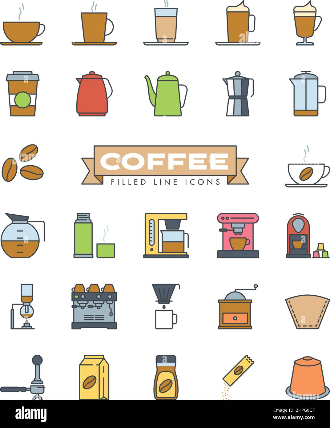 Mit Kaffeevektoren gefüllte Umrisssymbole eingestellt. Sammlung von farbigen Symbolen zur Zubereitung und zum Trinken von Kaffee. Stock Vektor
