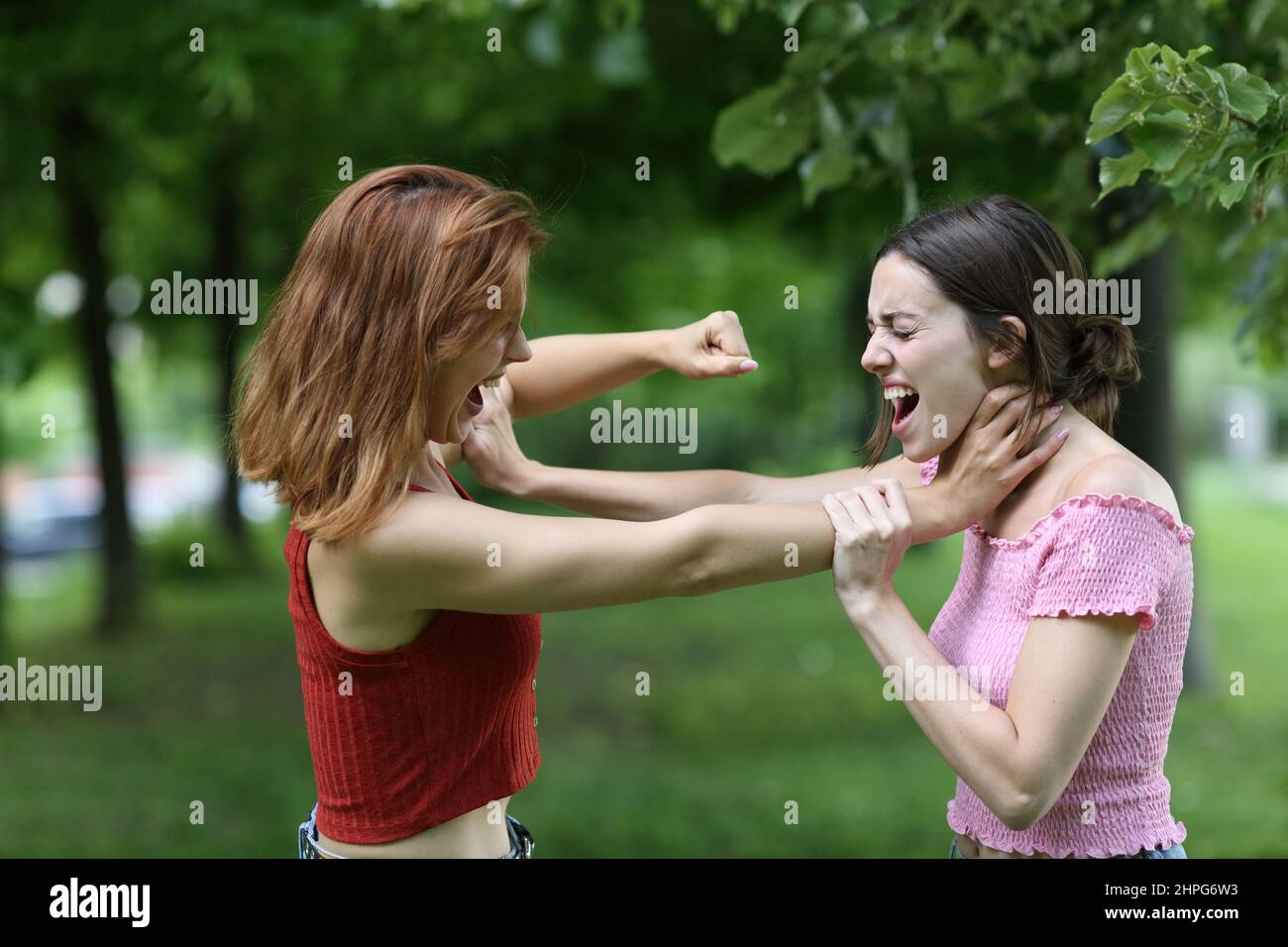 Zwei wütende Frauen kämpfen und rufen in einem Park Stockfoto
