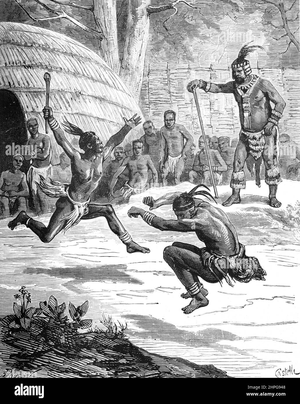 Zulu Village & Tänzer im Süden oder Südafrika. Vintage Illustration oder Gravur 1879 (Castelli) Stockfoto
