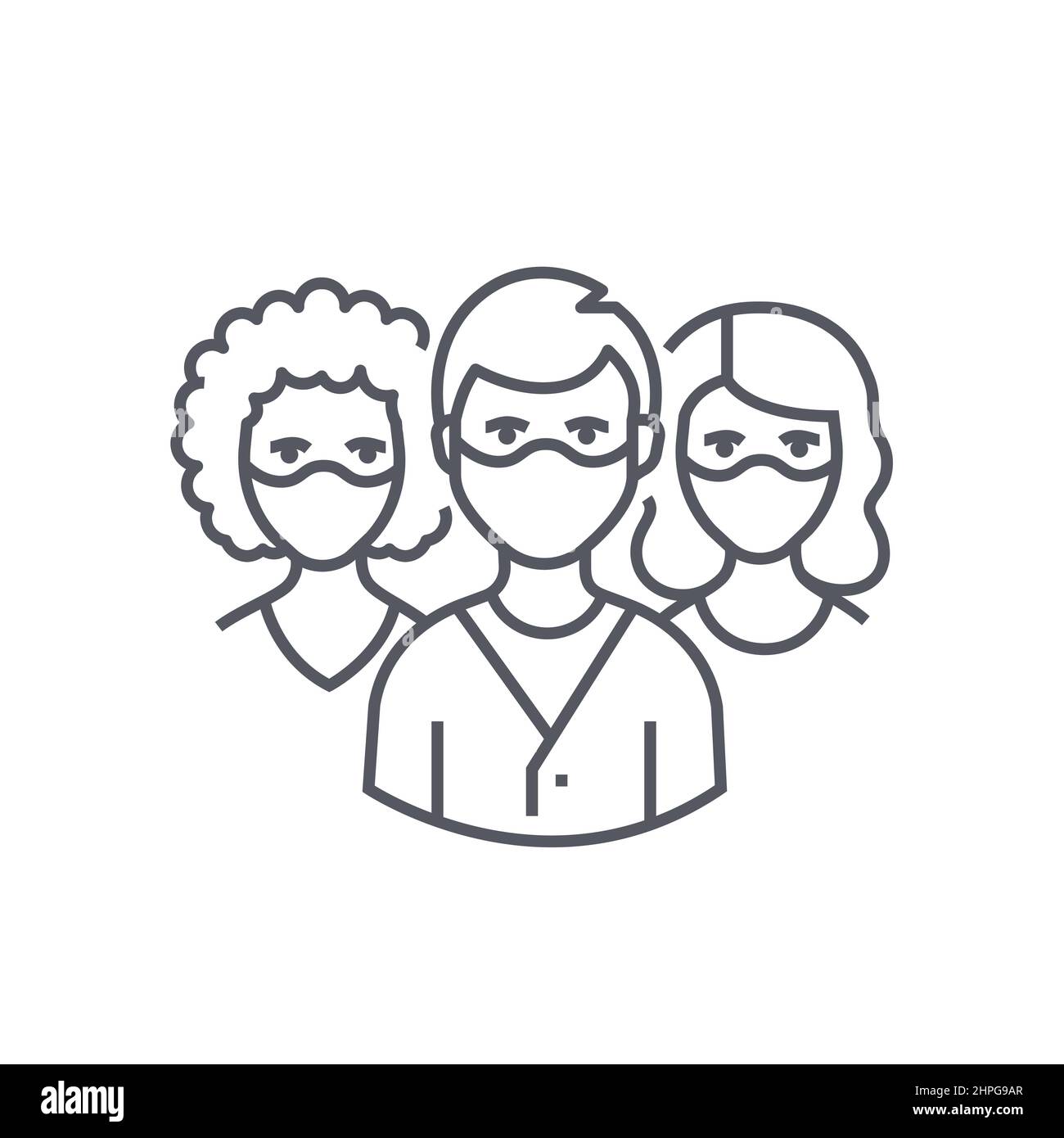 Masked People – modernes Symbol im schwarzen Liniendesign auf weißem Hintergrund. Ordentliches, detailliertes Bild von Mann und zwei Frauen, die wieder Atemschutz tragen Stock Vektor