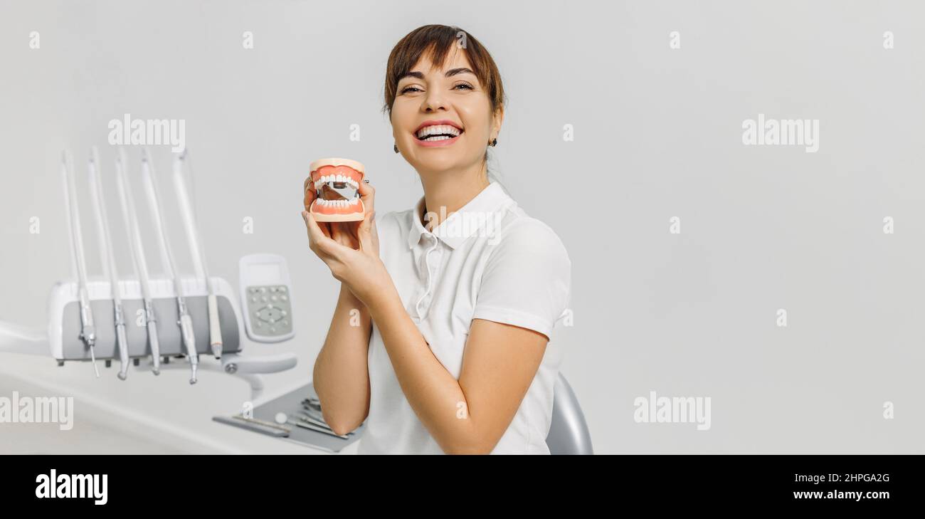 Lächelnde Zahnärztin mit Nachbildung menschlicher Kiefer auf weißem Hintergrund. Banner für Zahnmedizin Thema. Konzept der modernen Ausrüstung für die Zahnbehandlung, professionelle Klinik. Foto mit freiem Kopierbereich. Stockfoto
