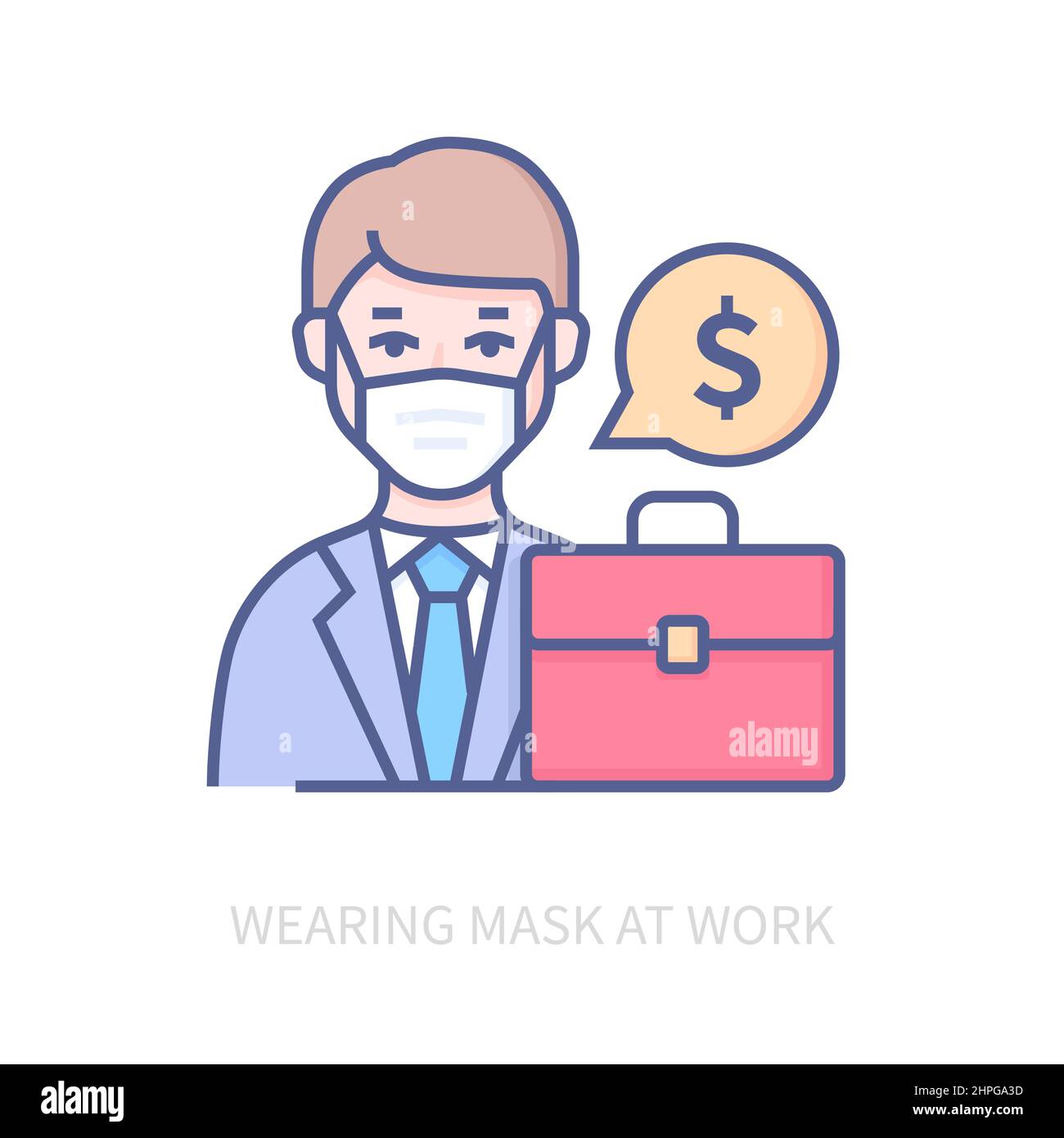 Das Tragen einer Maske bei der Arbeit - modernes farblich gestalterisches Symbol auf weißem Hintergrund. Ordentliches detailliertes Bild des gesundheitsbewussten Geschäftsmannes mit grundlegender Respi Stock Vektor