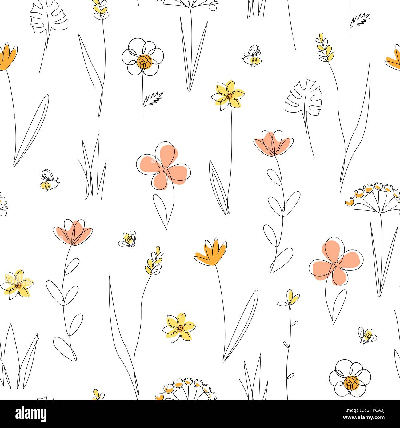 Wiese Wildblume nahtlose Vektor-Muster. Boho botanischen floralen Hintergrund. Hintergrund der fortlaufenden Linienzeichnung. Doodle Hand gezeichnet Stil floral Stock Vektor