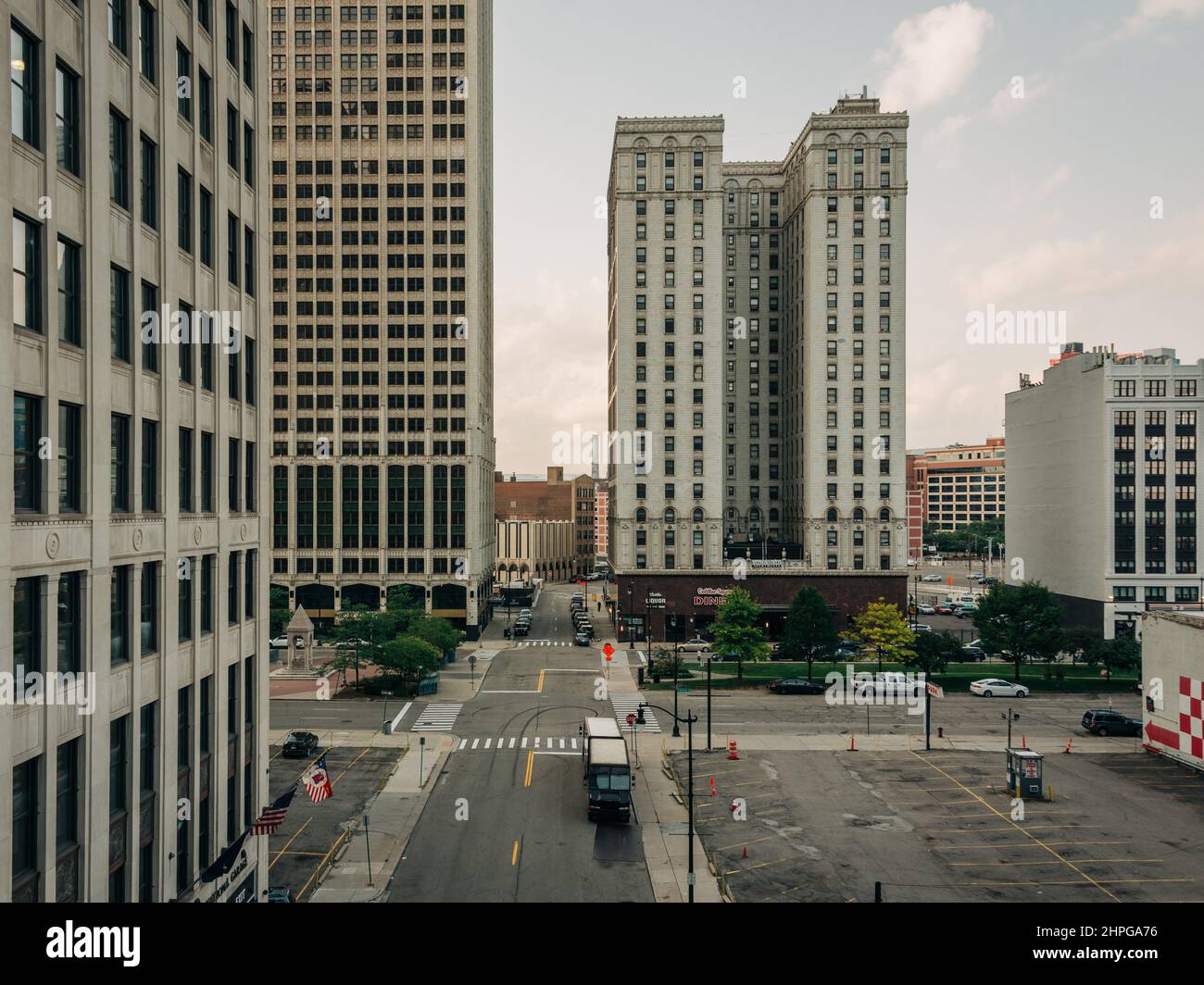 Blick auf den Cadillac Square, in der Innenstadt von Detroit, Michigan Stockfoto