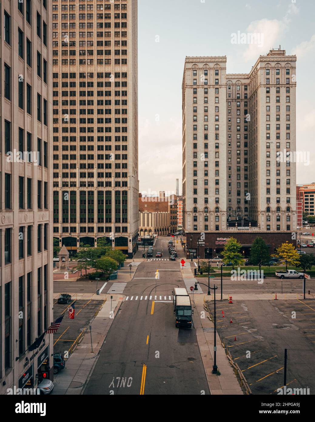 Blick auf den Cadillac Square, in der Innenstadt von Detroit, Michigan Stockfoto