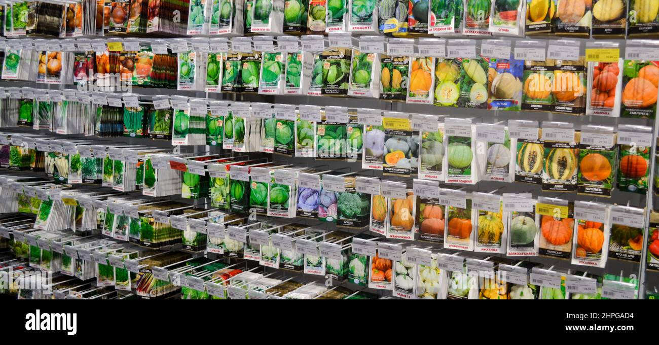 Moskau, Russland, Dezember 2019: Nahaufnahme eines Stands mit Papiertüten mit Gemüsesamen: Kürbisse, Kohlköpfe. Verkauf im Laden. Stockfoto