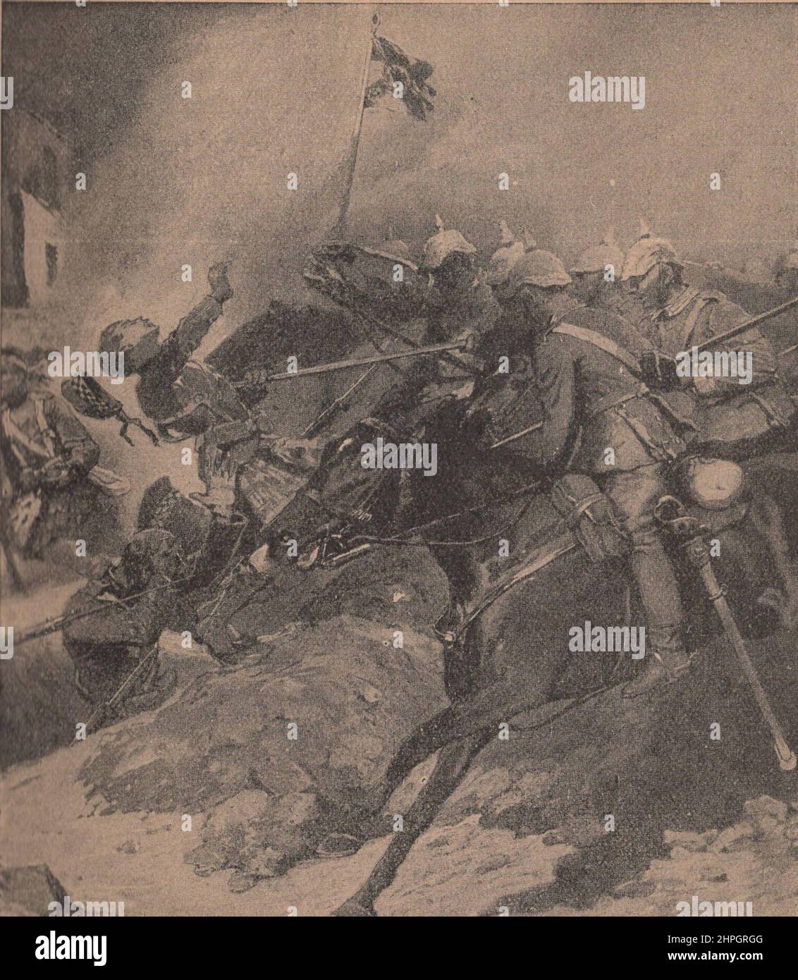 Deutscher Kavallerieangriff auf englische Infanterie. Die deutsche Kavallerie, schlug die schottische Infanterie aus ihren Schützengräben. Illustration von einem unbekannten Künstler. ADDITIONAL-RIGHTS-CLEARANCE-INFO-NOT-AVAILABLE UND ABGELAUFEN. Stockfoto