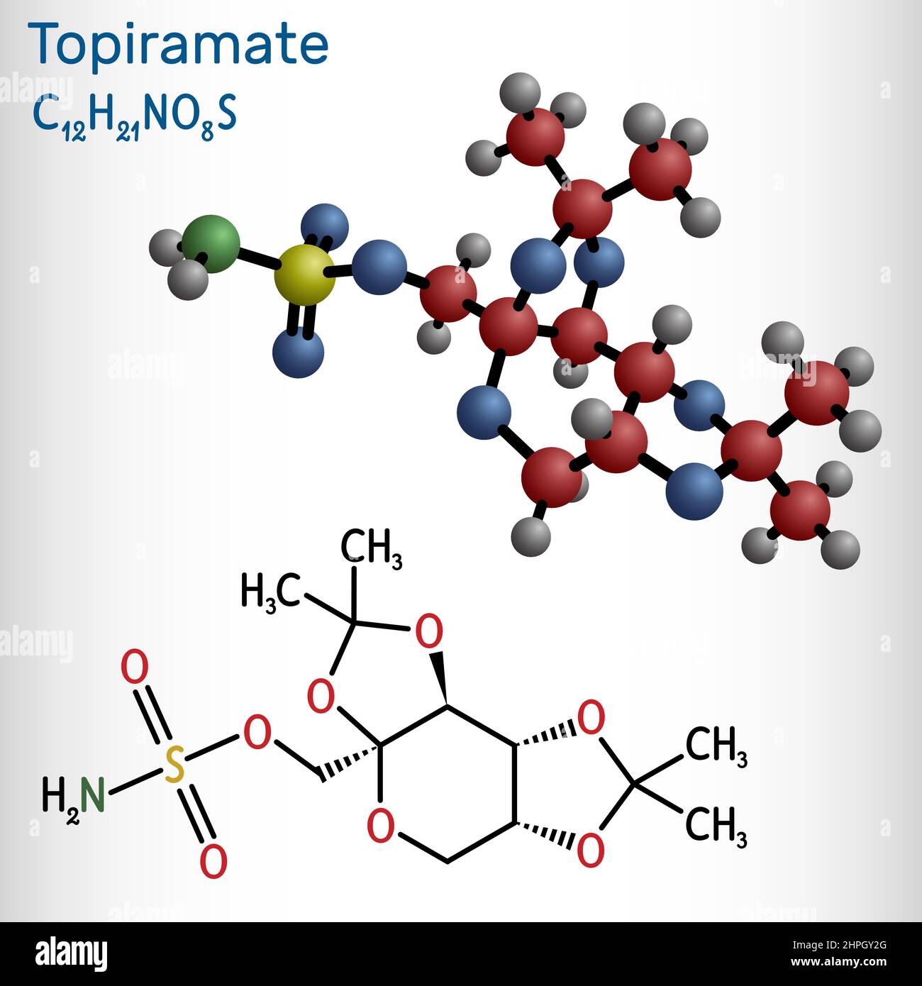 Topiramat-Molekül. Es handelt sich um ein sulfamat-substituiertes Monosaccharid, ein Antikonvulsivans und ein Antianfallsmedikament, das bei der Bekämpfung der Epilepsie eingesetzt wird. Strukturchemikalie Stock Vektor