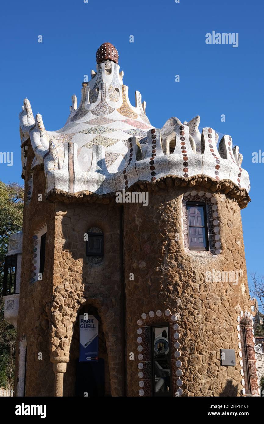 Der Eingang des Parc Güell, Barcelona, Katalonien, Spanien. Stockfoto