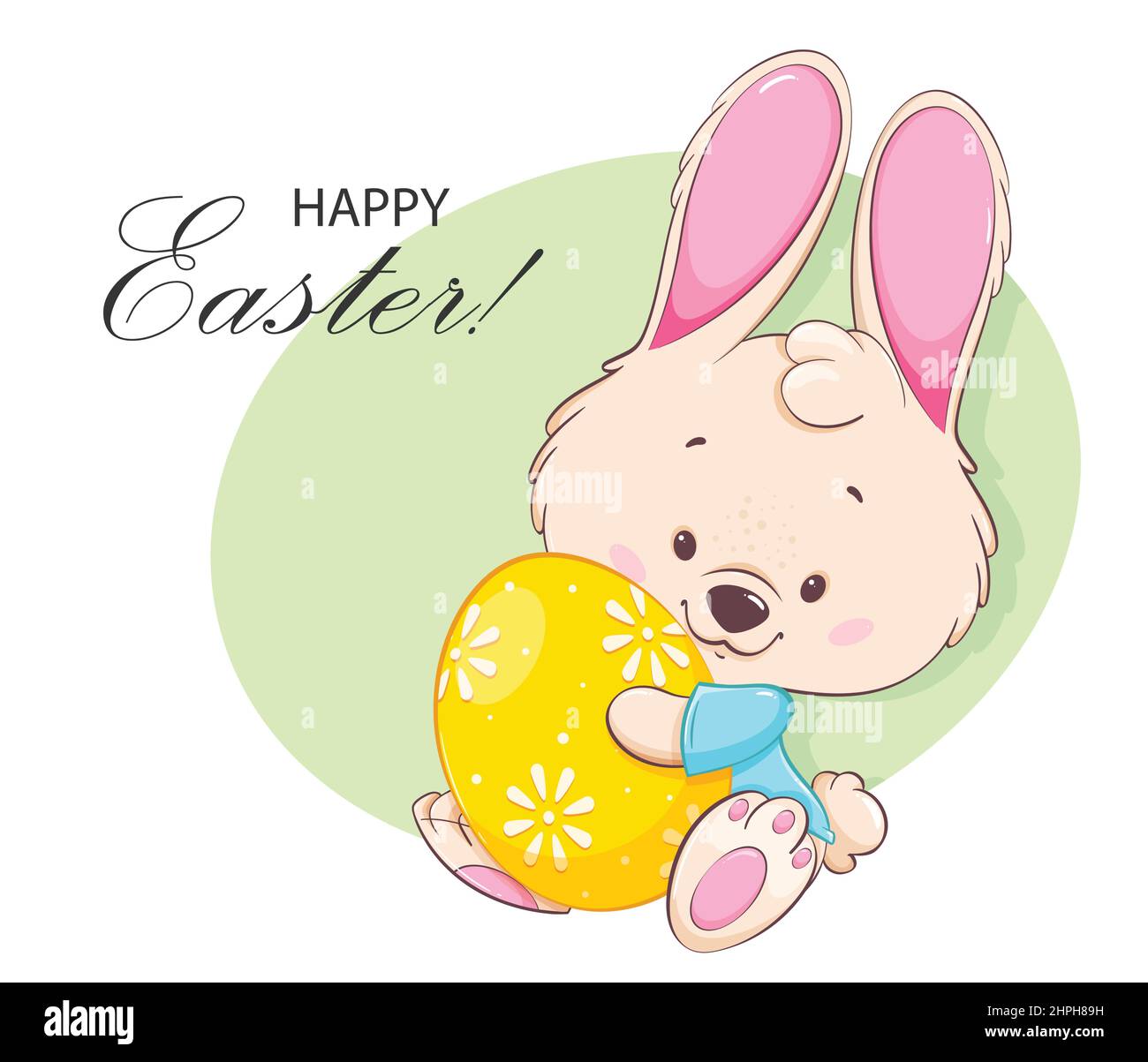 Frohe Ostern Grußkarte. Osterhase. Lustige Zeichentrickfigur Kaninchen hält gefärbte Ei. Vektorgrafik für Aktien Stock Vektor
