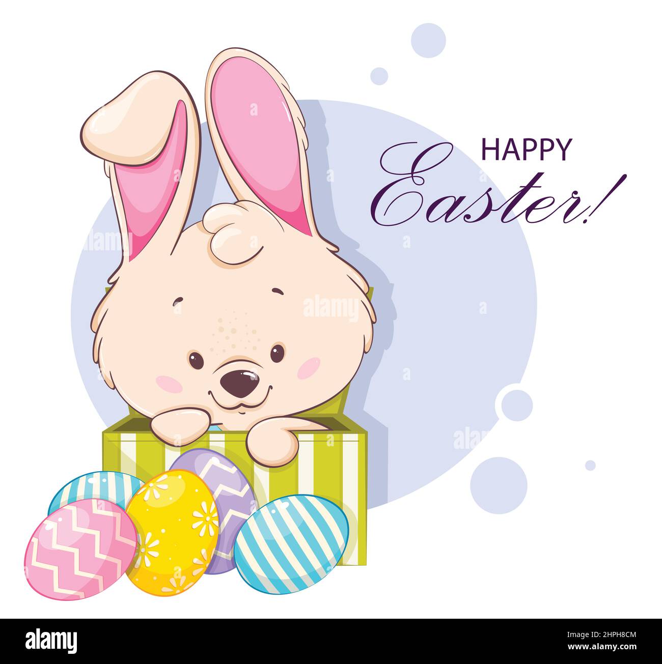Frohe Ostern Grußkarte. Lustige Zeichentrickfigur Kaninchen sitzen in einer Box in der Nähe von farbigen Eiern. Osterhase. Vektorgrafik für Aktien Stock Vektor