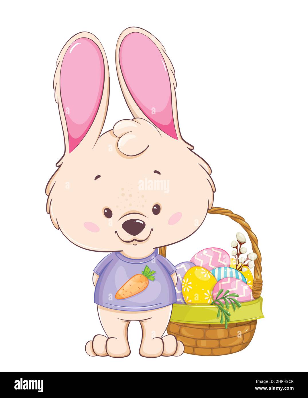 Frohe Ostern Grußkarte. Lustige Zeichentrickfigur Kaninchen in der Nähe Korb mit bunten Eiern stehen. Osterhase. Vektorgrafik für Aktien Stock Vektor