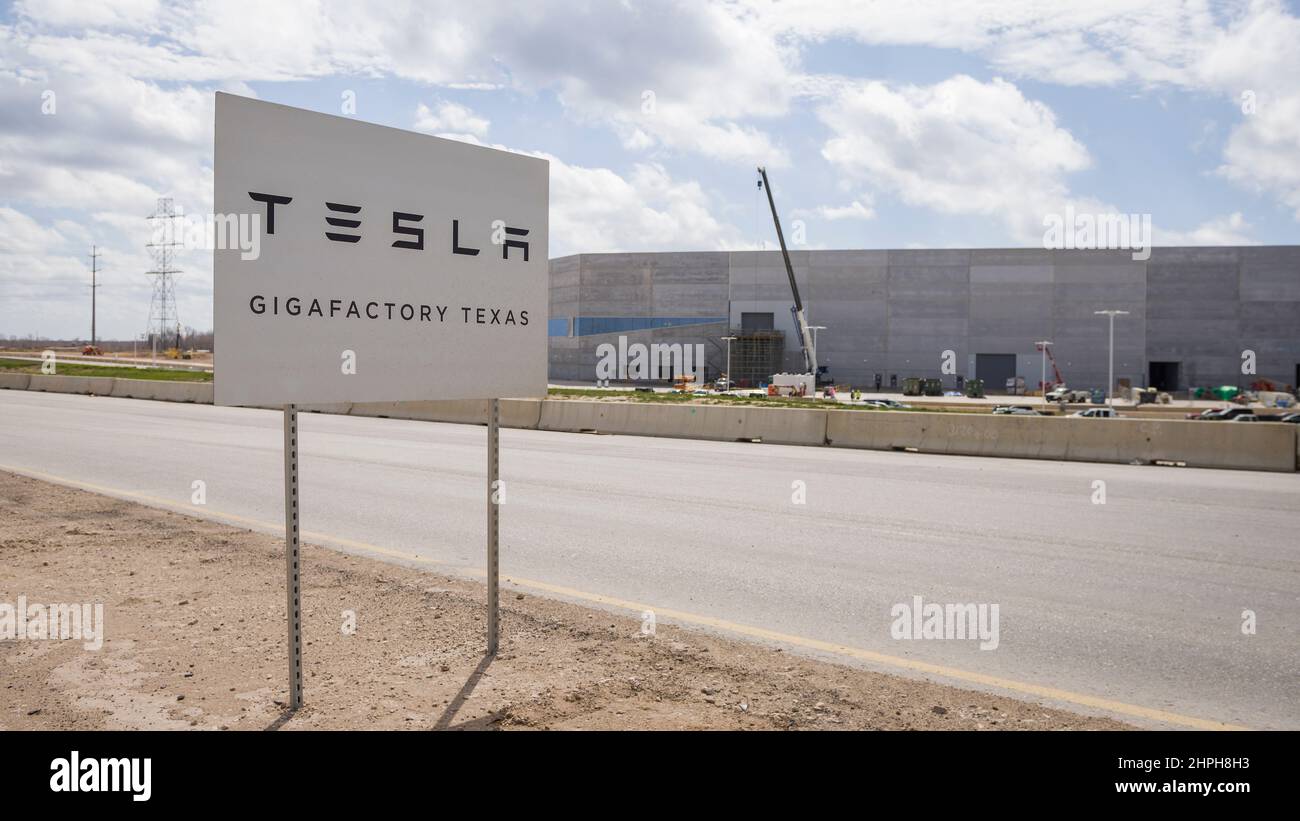 Austin, Texas - 21. Februar 2022: Tesla Gigafactory Texas EV Produktionsanlage für Automobilproduktion Stockfoto