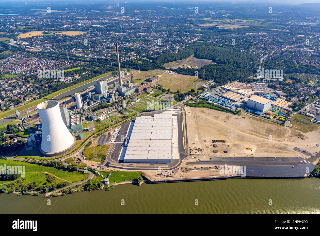 Luftaufnahme, Logport VI am STEAG Blockheizkraftwerk Walsum und Entwicklung für Logistikunternehmen und neue Lagerhäuser im Landkreis Alt-Walsum i Stockfoto