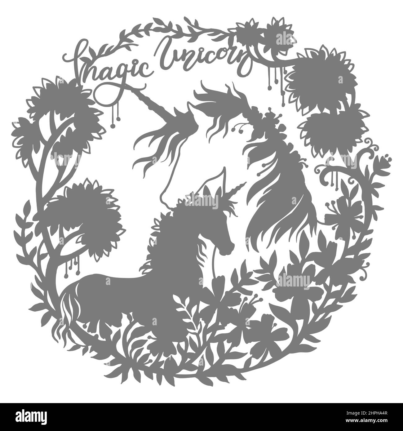 Einhorn und Fohlen Silhouetten. Unicorns Vektordarstellung isoliert auf weißem Hintergrund. Vinylhemd-Design. Druckt Design für T-Shirts, cricut, Papier Stock Vektor