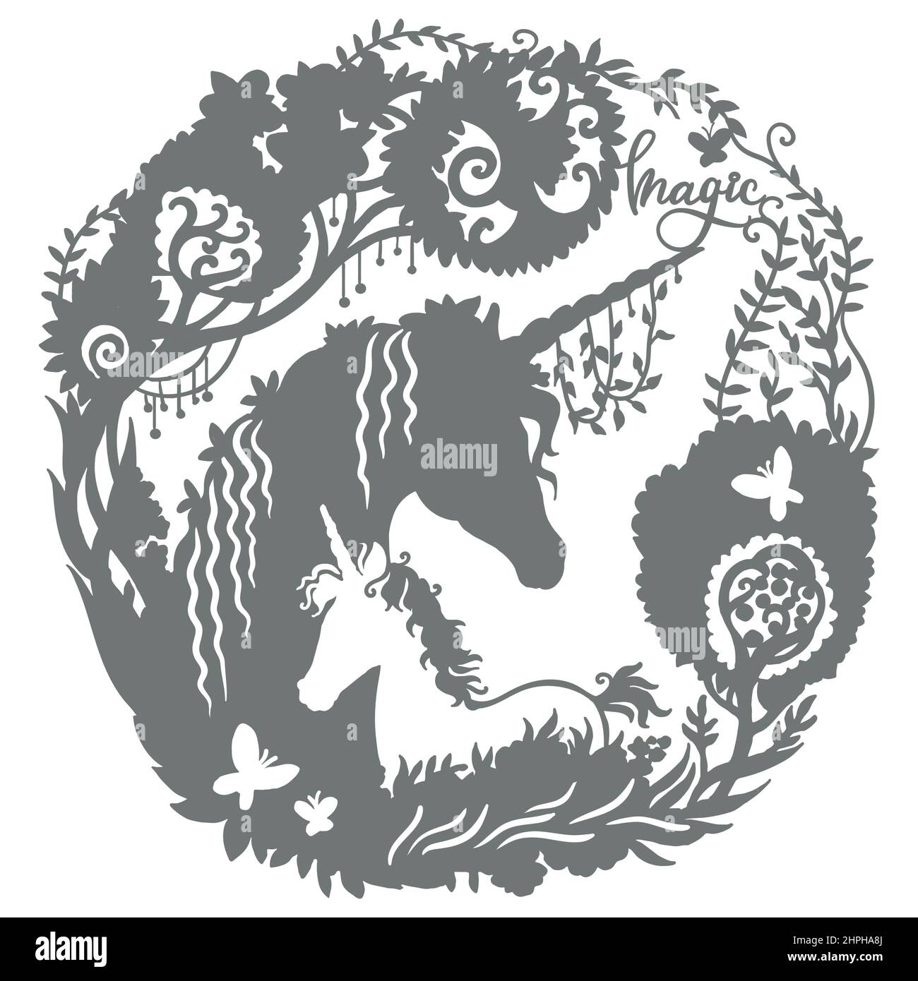 Einhorn und Fohlen Silhouetten. Unicorns Vektordarstellung isoliert auf weißem Hintergrund. Vinylhemd-Design. Druckt Design für T-Shirts, cricut, Papier Stock Vektor