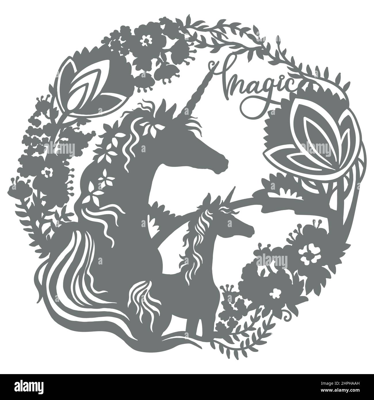 Einhorn und Fohlen Silhouetten. Unicorns Vektordarstellung isoliert auf weißem Hintergrund. Vinylhemd-Design. Druckt Design für T-Shirts, cricut, Papier Stock Vektor