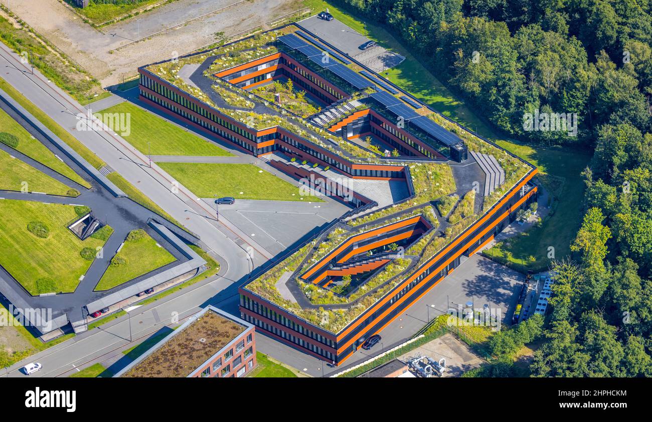 Luftaufnahme, Gebäude der Stiftung der Rag auf dem Gelände des Industriekomplexes Zeche Zollverein in Essen-Stoppenberg, Essen, Ruhrgebiet Stockfoto