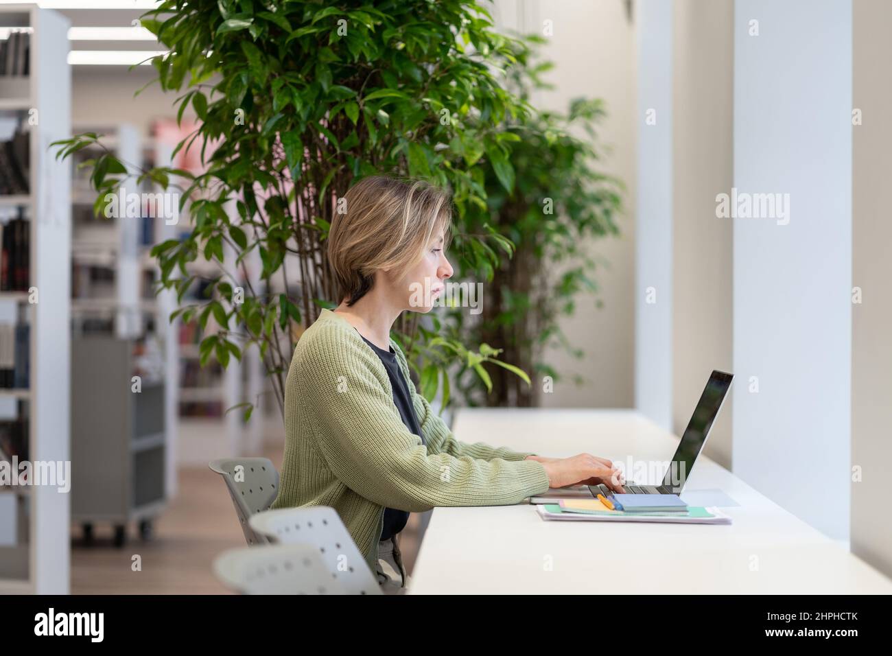 Nachdenkliche Universitätslehrerin, die in einer gemütlichen leeren Bibliothek mit grünen Zimmerpflanzen am Laptop arbeitet Stockfoto