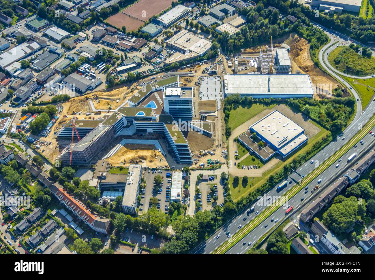 Luftaufnahme, Baustelle und Neubau ALDI-Nord Campus auf der Autobahn A40, am Luftschacht in Essen-Kray in Essen, Ruhrgebiet, Nord Rh Stockfoto