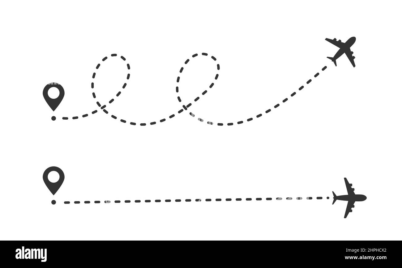 Flugbahn in gestrichelter Linienform. Gerader und welliger Weg. Reise- und Tourismuskonzept Stock Vektor