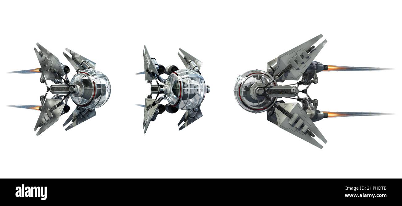 Bemannte Raumsonde Collage ähnlich einem Shuttle oder einer Drohne, mit dem Isolationspfad in der Abbildung 3D enthalten. Stockfoto