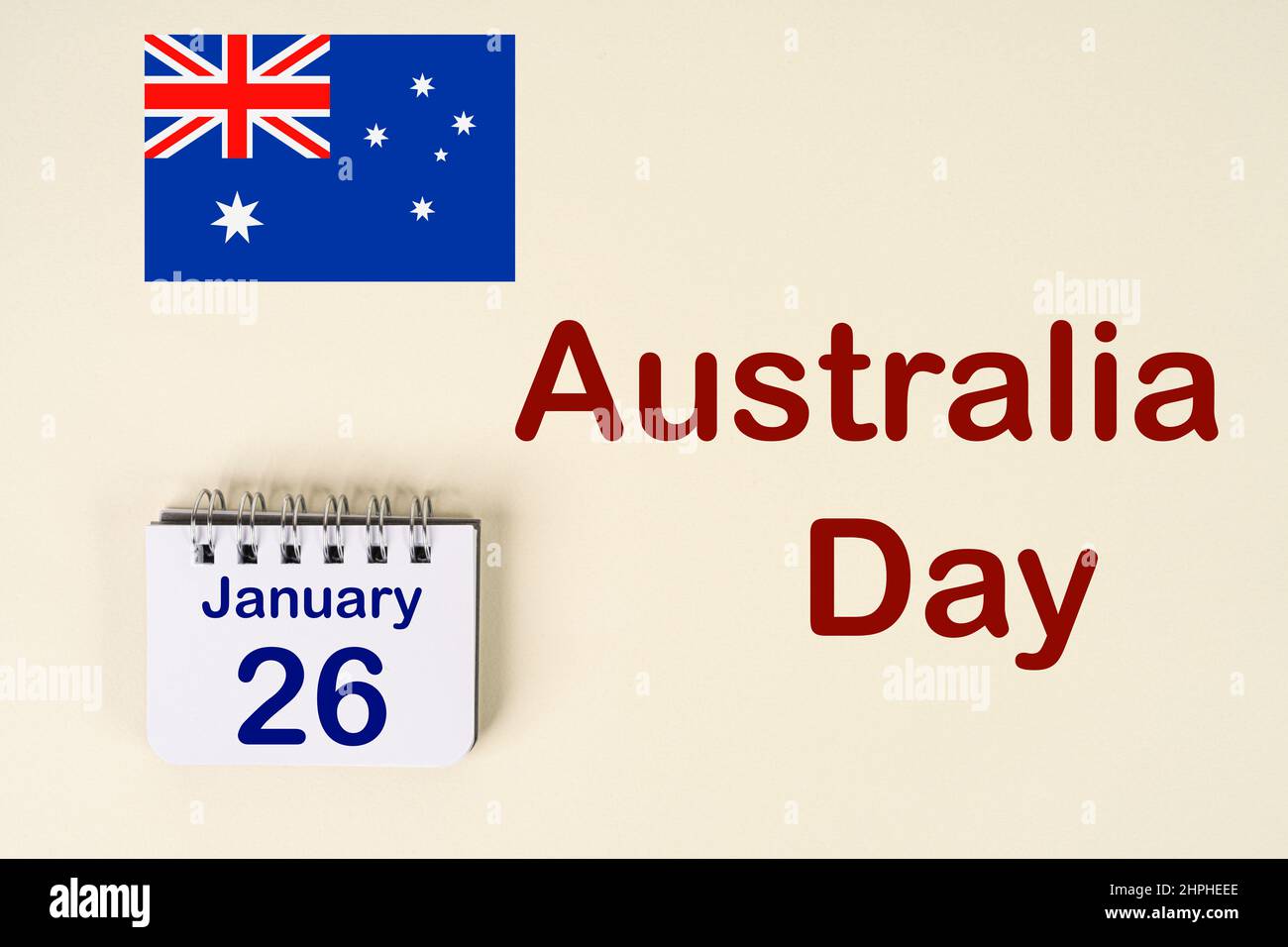 Die Feier des australischen Tages mit der australischen Flagge und dem Kalender, der den 26. Januar anzeigt Stockfoto
