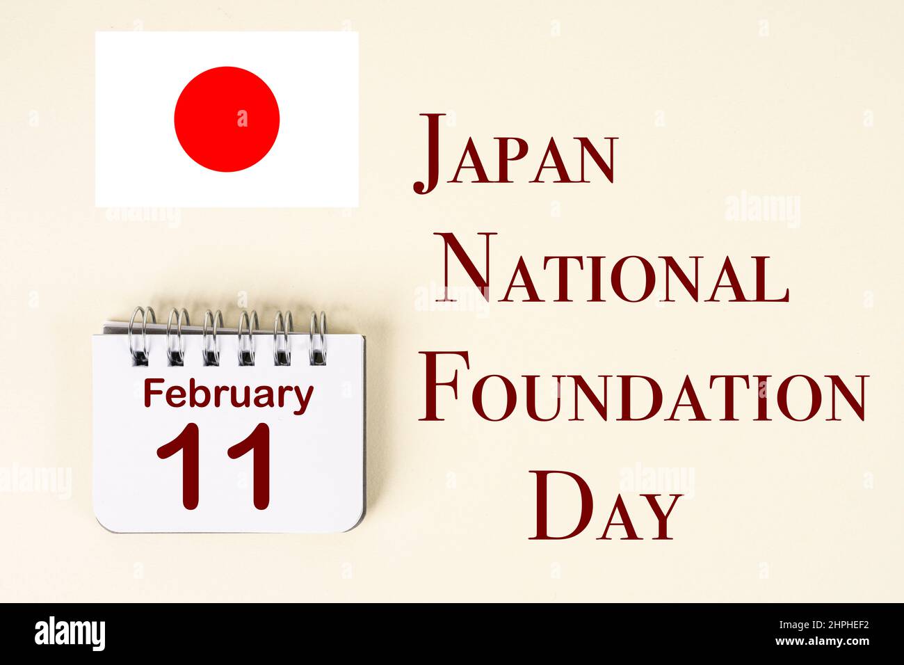 Die Feier des Japan National Foundation Day mit der Japan-Flagge und dem Kalender, der den 11. Februar anzeigt Stockfoto