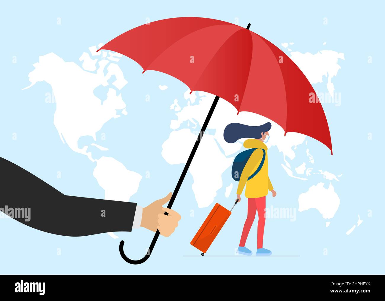 Reiseversicherungs-Konzept. Agent hält einen Regenschirm über der Reisenden Frau mit einem Gepäckkoffer in einer Schutzmaske auf dem Hintergrund der Weltkarte. Sicherheitsweg Vektor eps Illustration Banner Stock Vektor