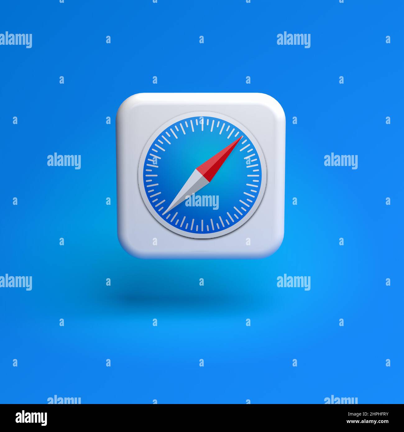 Logo der Apple Browser Safari App auf einer Kachel schwebt über einem nahtlosen blauen Hintergrund Stockfoto