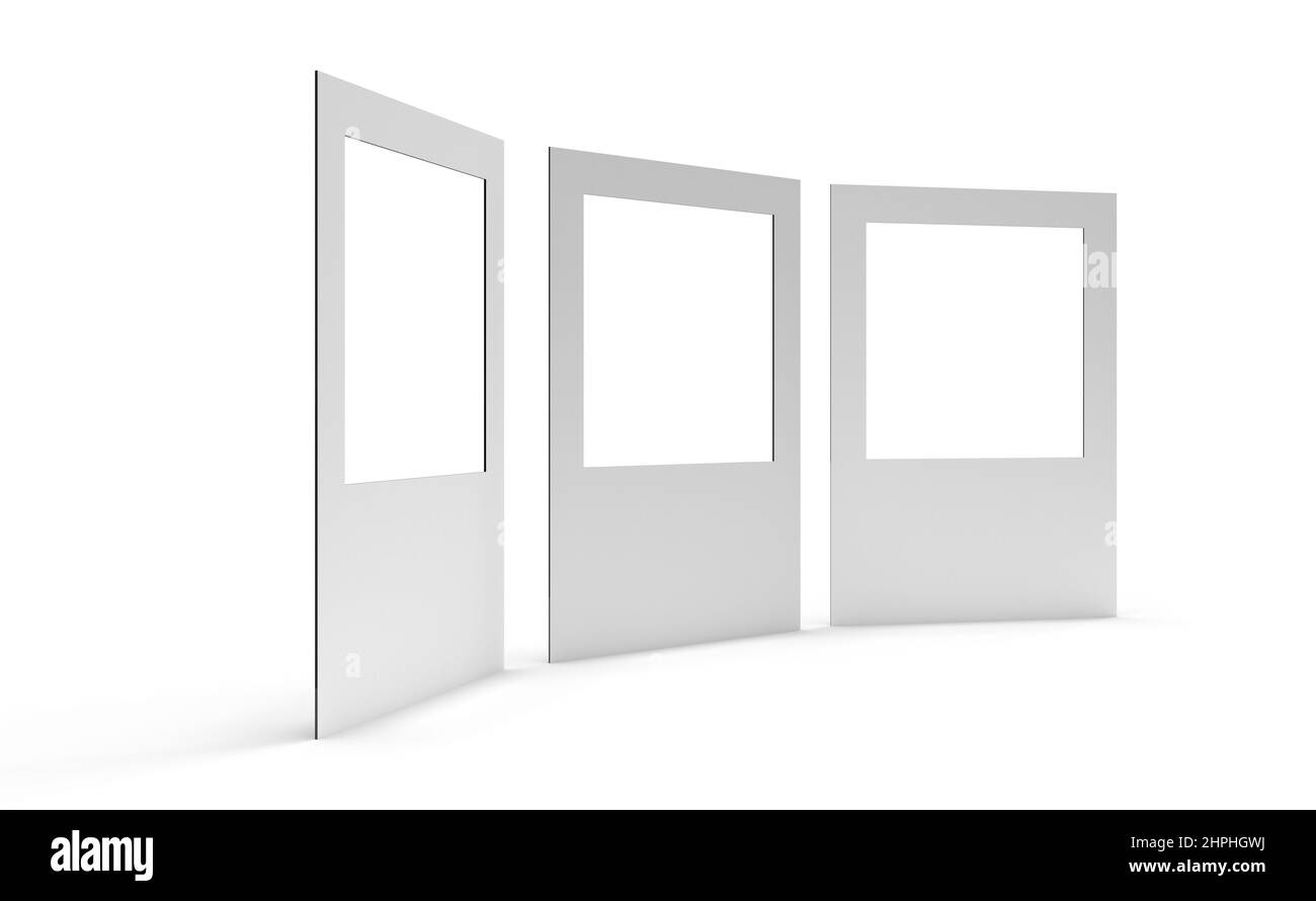 Drei leere Selfie-Rahmen, die aus Kunststoff-Correx mit Wellpappe und Struktur hergestellt wurden, wurden schräg betrachtet und auf weißem Hintergrund isoliert. 3D Illustrat rendern Stockfoto