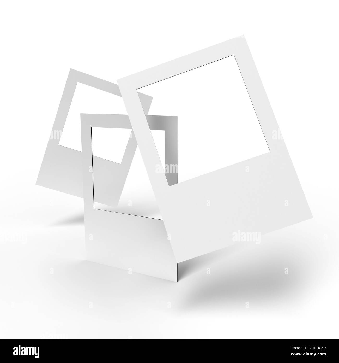 Eine bilderperfekte Darstellung von leeren Selfie-Rahmenbrettern mit 3D Render Wellpappe aus Kunststoff Correx-Textur isoliert auf weißem Hintergrund für Vorlage an Stockfoto