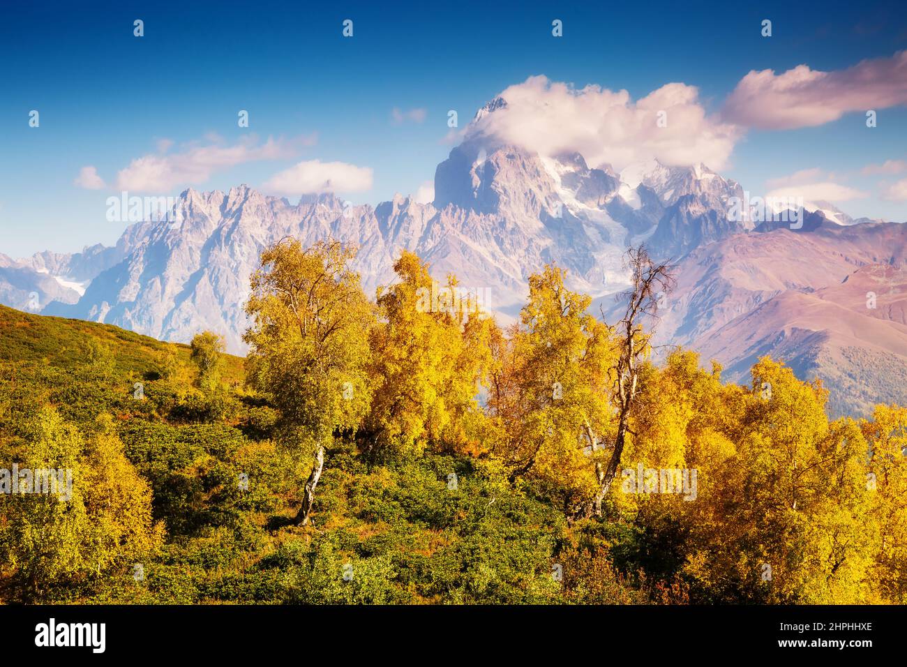 Fantastische Aussicht auf das Alpental mit blauem Himmel am Fuße des Mt. Ushba. Dramatische, malerische Szene. Ort Mestia, Upper Svaneti, Georgia, Europ Stockfoto