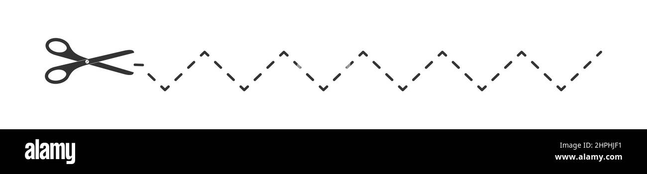Schere mit gepunkteter Zickzacklinie. Schneiden Sie hier Piktogramm für Rabatt, Gutschein, Gutschein, Etikett, Papierseite. Vektordarstellung auf weißem Hintergrund isoliert Stock Vektor