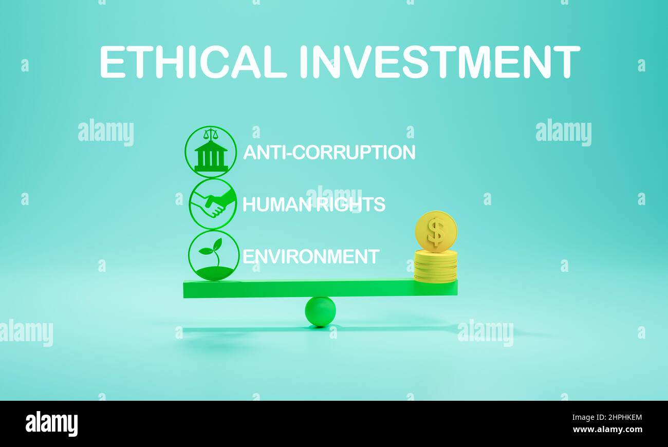 Ethische Investitionen, Geldausgleich gegen Korruption, Symbole für Menschenrechte und Umwelt, Konzept 3D Illustration Stockfoto