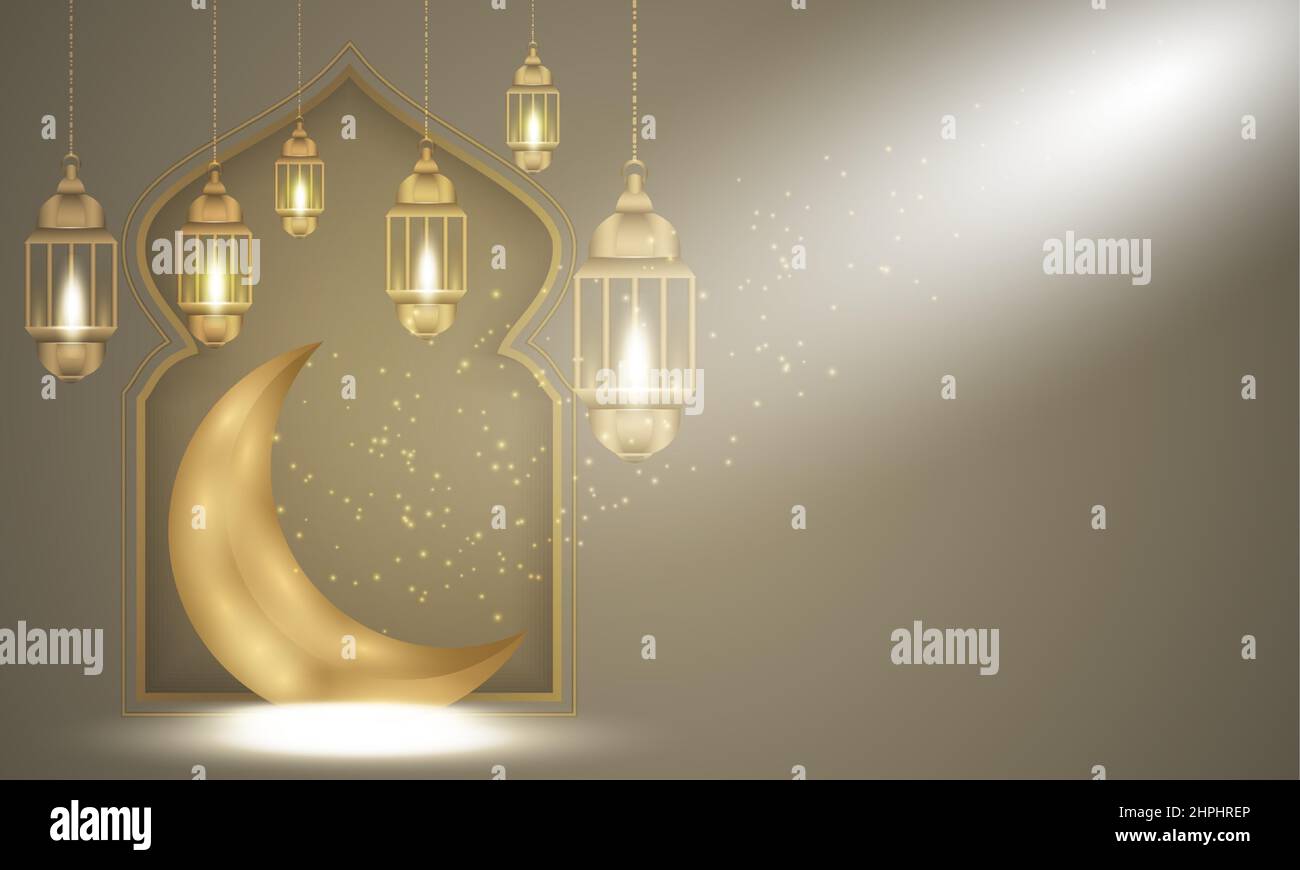 Islamischer Gruß ramadan Kareem, eid mobarok Karte Design mit schönen Halbmond, Laterne und makellosen Lichteffekt Premium-Vektor. Stock Vektor