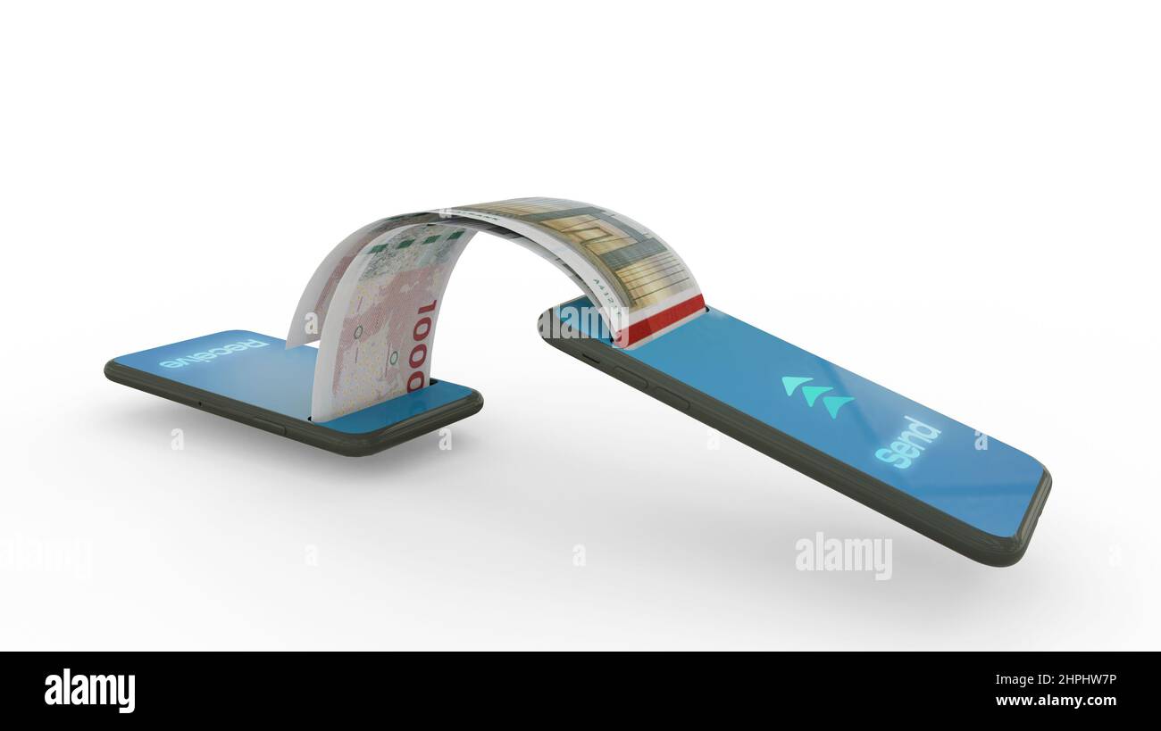 3D Wiedergabe von 1000 dänischen Kronen-Notizen, die von einem Telefon zum anderen übertragen werden. Mobile Money Transaction Concept Stockfoto