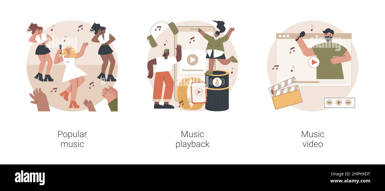 Pop Kultur abstraktes Konzept Vektor Illustration Set. Populäre Musik, Wiedergabe aufgezeichneter Audiodateien, offizielle Videoclip-Produktion, Top-Chartkünstler, Sängertour, Musikerförderung abstrakte Metapher. Stock Vektor